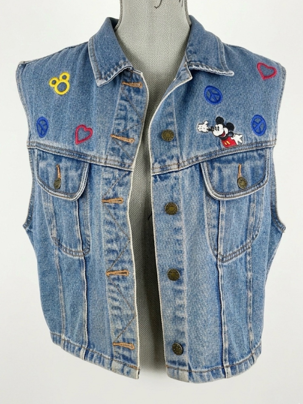 Vintage Disney Store Embroidered Peace Love Mickey Mouse Denim Vest